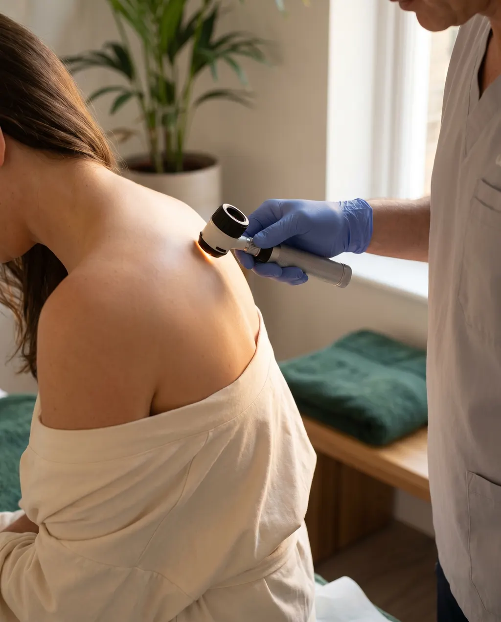 Consultant using a handheld dermatoscope to assess a cyst on the upper back at Skin Surgeons Edinburgh