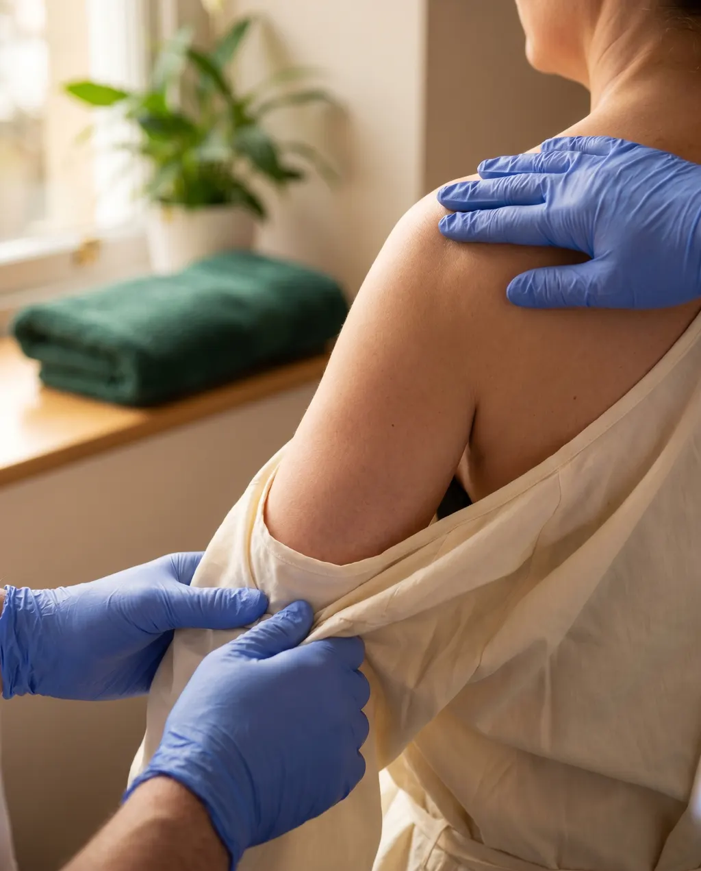 Consultant gently palpating a lipoma on the upper arm at Skin Surgeons Edinburgh