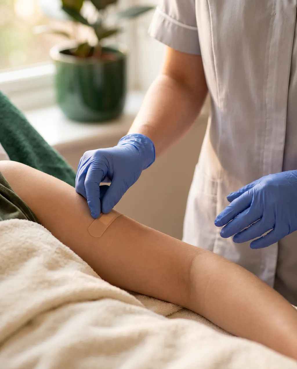 Consultant placing a small dressing on the arm after a lipoma removal at Skin Surgeons Edinburgh
