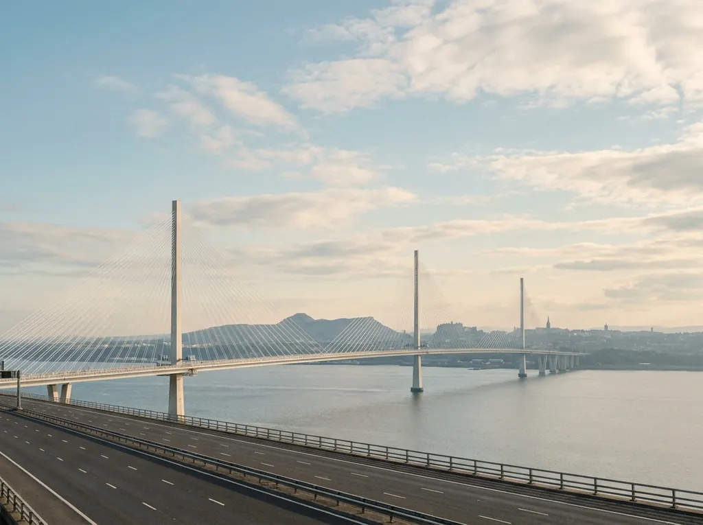 The Queensferry Crossing bridge heading south from Dundee toward Edinburgh.