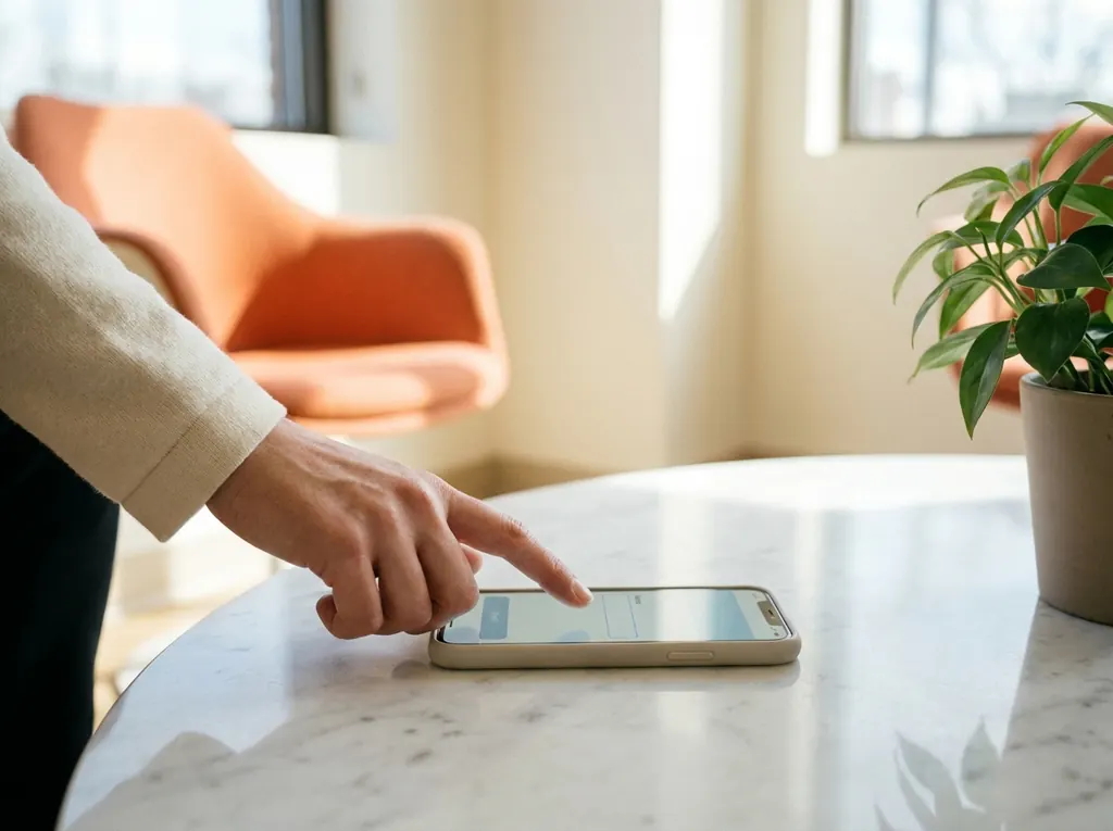 Smartphone resting on a clean white surface in a sunlit hospital lounge, a hand reaching to tap a clinic enquiry form on screen.